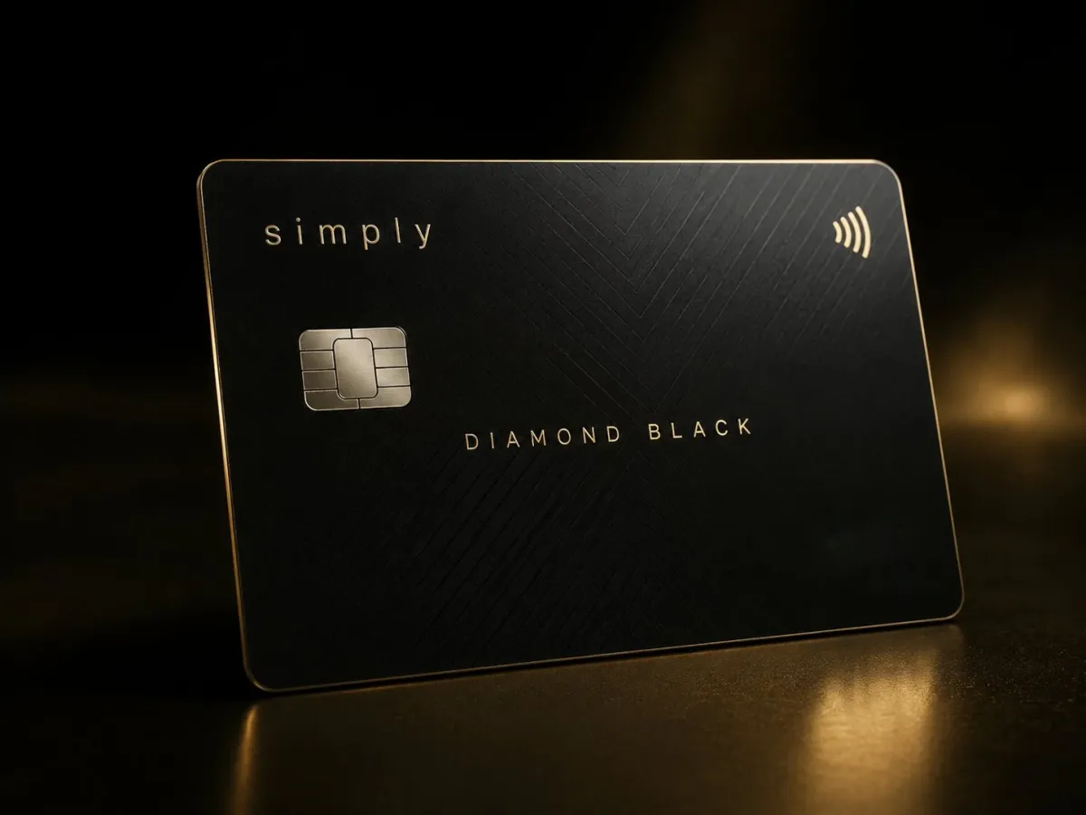 La tarjeta Simply Diamond Black, negra con detalles dorados, sobre una superficie oscura.
