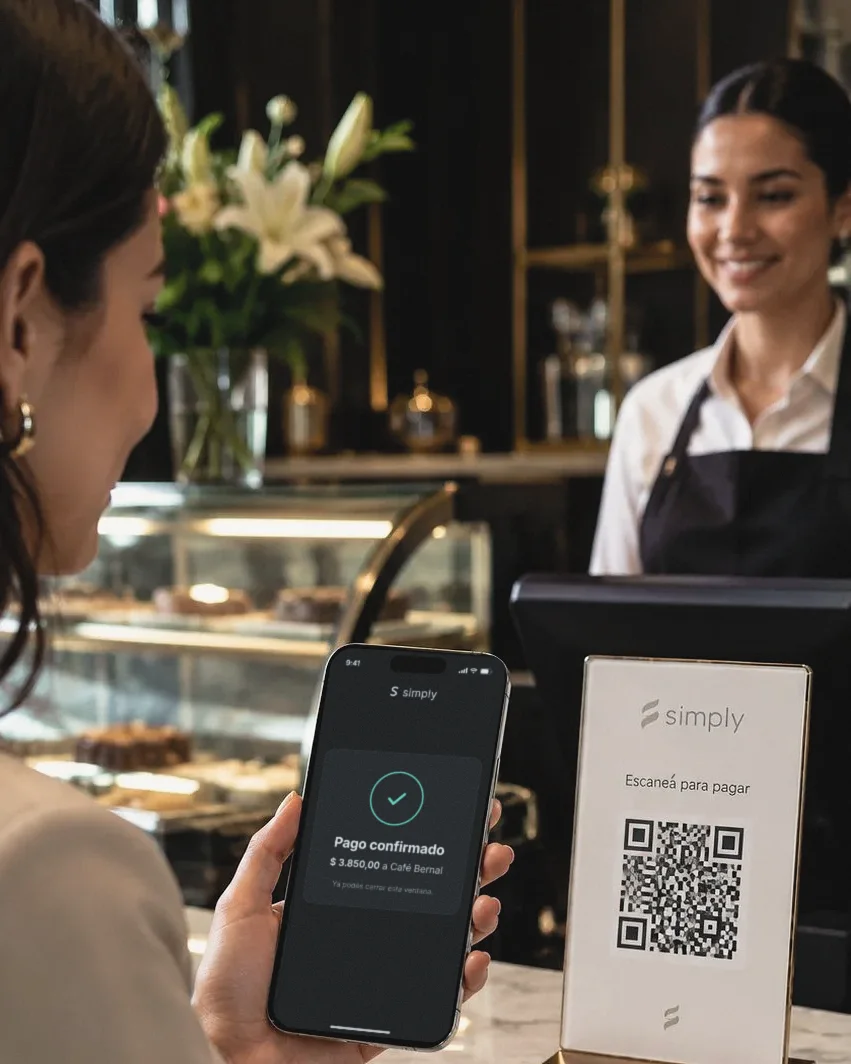 En el mostrador de un café, una cajera sonríe junto al cartel con el QR de Simply; en primer plano, un teléfono muestra el pago confirmado.