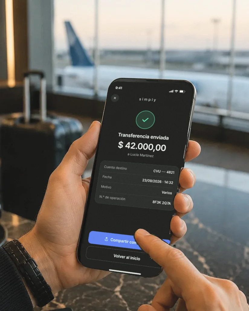 Una mano sostiene un teléfono en un aeropuerto: la app de Simply muestra una transferencia enviada por $ 42.000,00, con su comprobante.