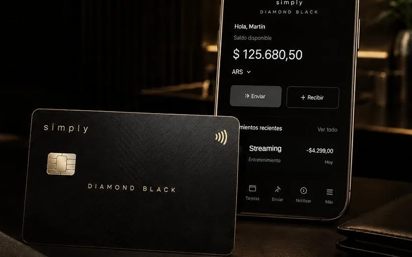 La tarjeta Simply Diamond Black, negra, junto a un teléfono con el saldo de la cuenta.