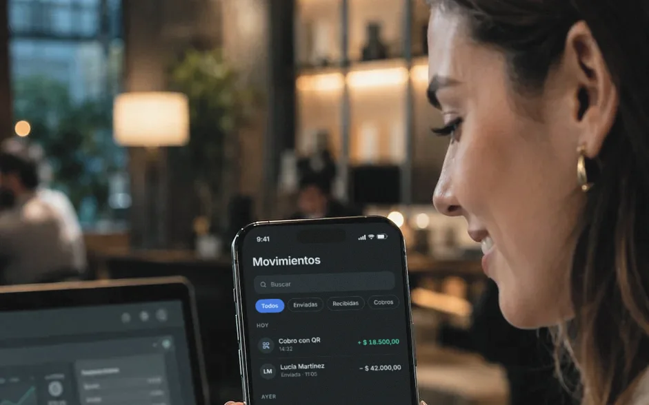 En un café, una mujer sonríe mientras mira sus movimientos en la app de Simply.