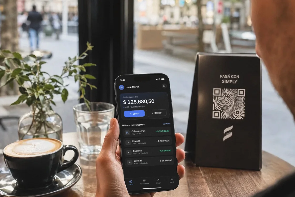 Una persona en un café sostiene su teléfono con la app Simply abierta, junto a un exhibidor de mesa con un código QR que dice «Pagá con Simply».